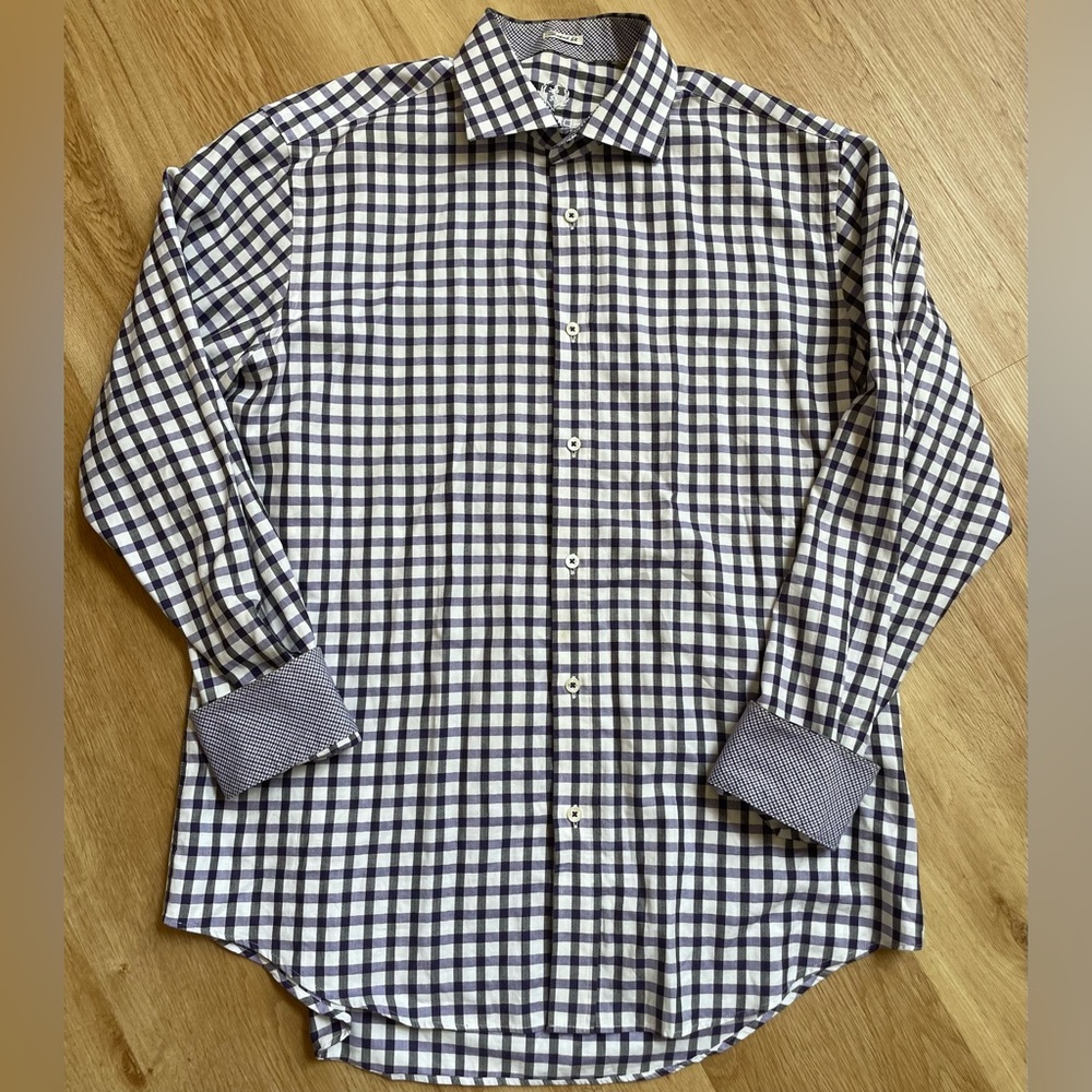 Bugatchi Uomo XL Shaped Fit Flip Cuff Long Sleeve Dress Shirt Purple Black $179
